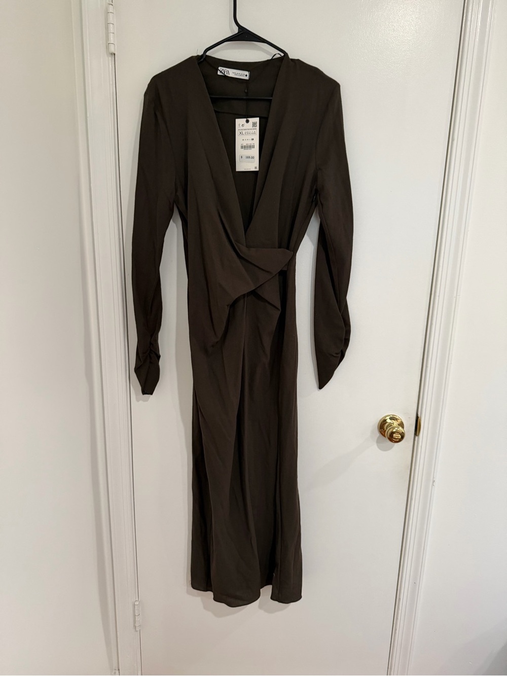 NWT Zara Draped Faux Wrap Midi Dress Brown V Neck Long Sleeve Quiet Luxury XL - Picture 2 of 7